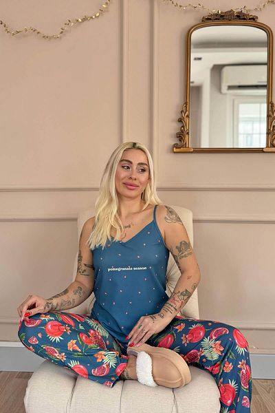 Pijamaevi Petrol Season Printed Rope Strap Knitted Women's Pajama Set