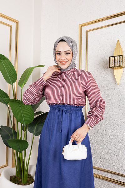 Eliva Women's Burgundy Satin Long White Striped Hijab Dress with Elastic Waist