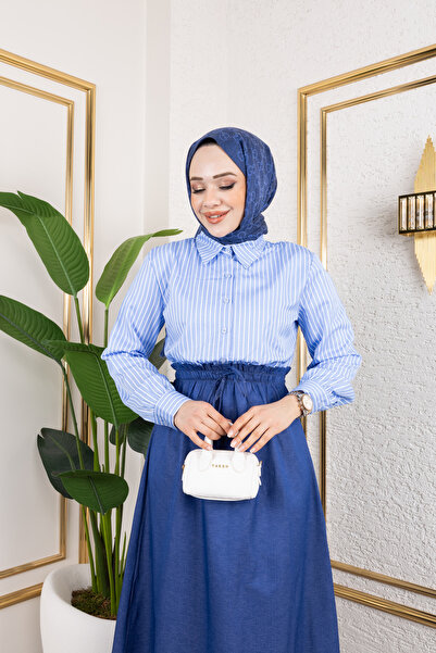 Eliva Γυναικείο Baby Blue Satin Μακρύ Λευκό Ριγέ Μακρυμάνικο Φόρεμα Hijab με ελαστική μέση