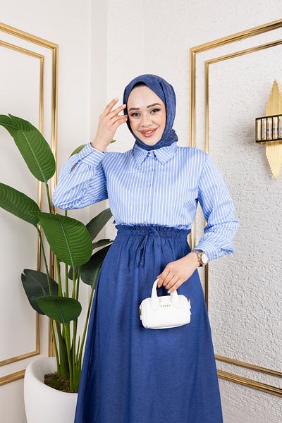 Eliva Γυναικείο Baby Blue Satin Μακρύ Λευκό Ριγέ Μακρυμάνικο Φόρεμα Hijab με ελαστική μέση