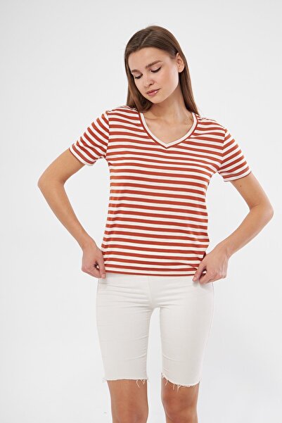 TUBİA Tricou de damă cu decolteu în V color cărămidă - mânecă scurtă