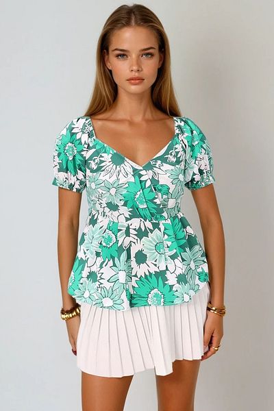 VAGGON Women's Green Kiss Collar Watermelon Sleeve Patterned Poplin Blouse Prmx12411