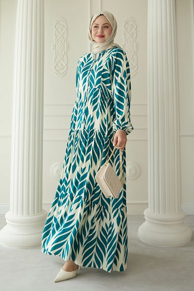 InStyle Rochie albastră petrol din viscoză cu frunze colorate