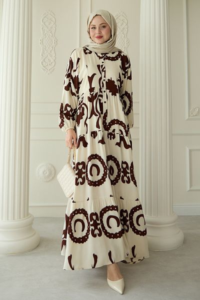 InStyle Large Chain Patterned Tan Dress