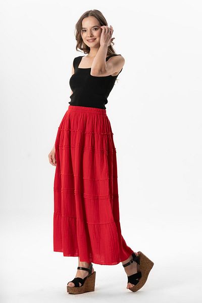 Eliş Şile Bezi Benan Elastic Waist Long Summer Muslin Skirt Red Krmz