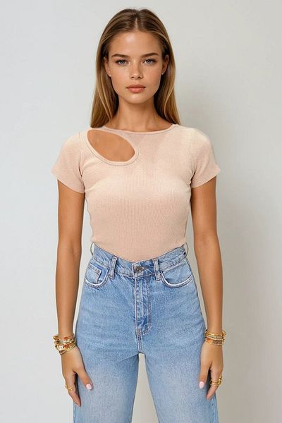 VAGGON Women's Beige Crew Neck Drop Cut Half Sleeve Knitted Blouse Prmx11546
