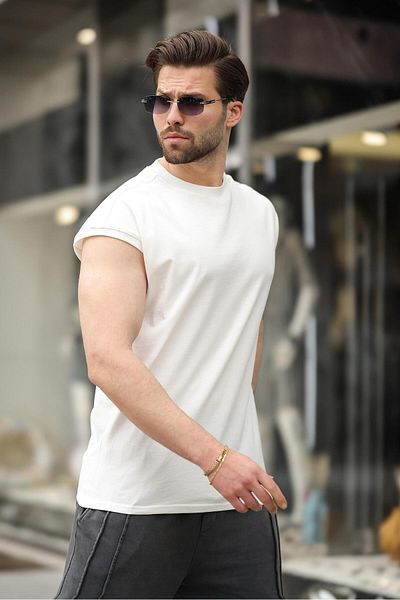 Madmext Ecru Half Sleeve Men's Basic T-Shirt E7136