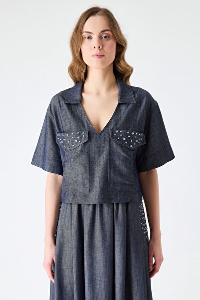 FEVER Tasarım taşlı yakalı kot bluz