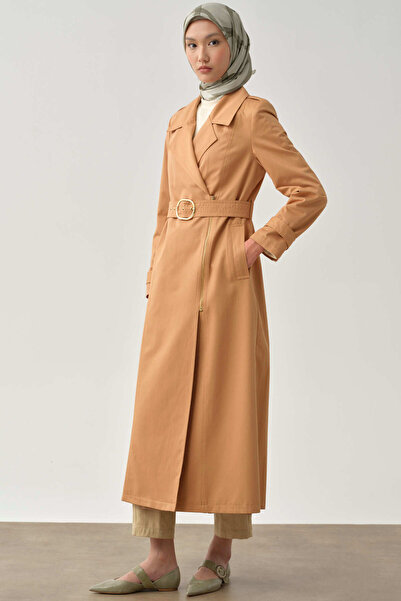 Tuğba Fermuar Kapamalı Kemerli Trençkot - Camel