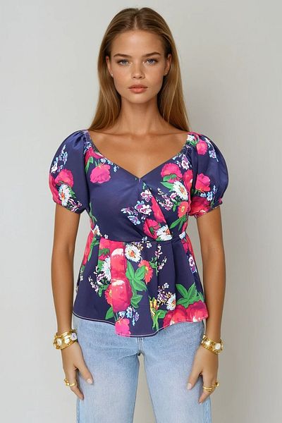 VAGGON Women's Navy Blue Kiss Collar Watermelon Sleeve Patterned Poplin Blouse Prmx12411