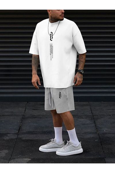 Mythologie White Gray Vertical Design T-Shirt Shorts Combination Set - Printed Oversize Crew Neck
