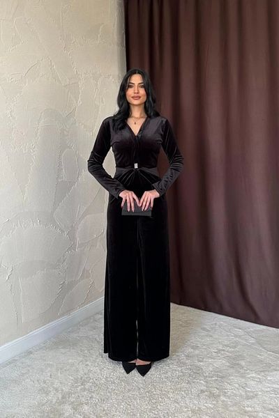 Butik Black Front Buckle Velvet Jumpsuit