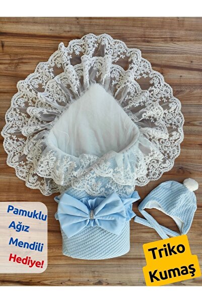 Tomuycuk Triko Örgü Erkek Bebek Batttaniyesi Kundağı Şapkalı Dantelli Yenidoğ...