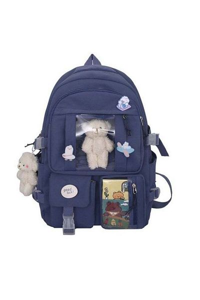 COOYA School Shoulder Backpack, Waterproof, Aesthetic Cute with Pin and Cute Accessory (Blue)