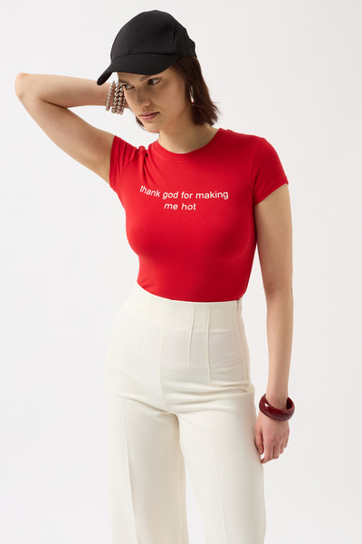 Black Fashion Thanks God Printed Lycra Crop Red T-Shirt