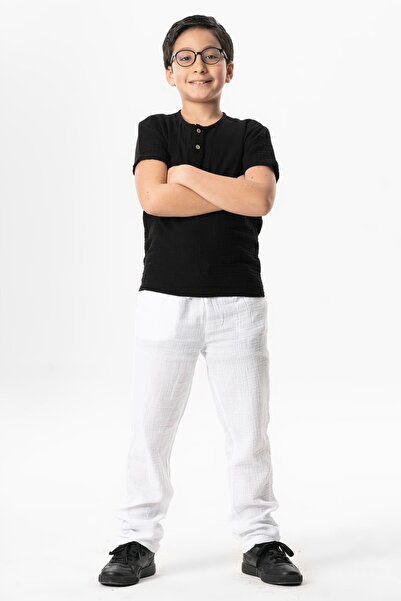 Eliş Şile Bezi Beli Lastikli Müslin Cepli Yazlık Çocuk Pantolon Beyaz Byz