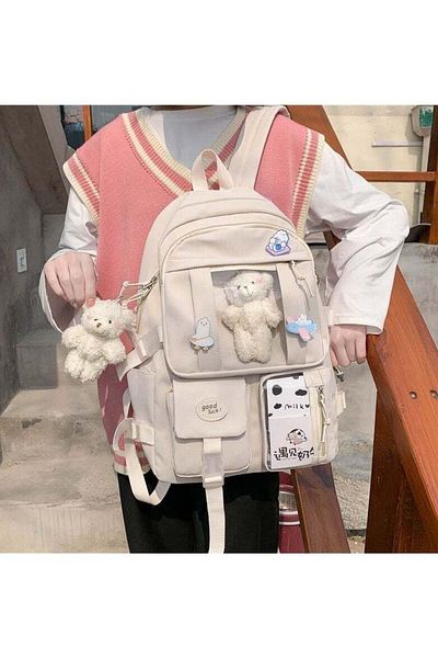 COOYA School Backpack, Shoulder Waterproof, Aesthetic Cute with Pin and Cute Accessory (White)