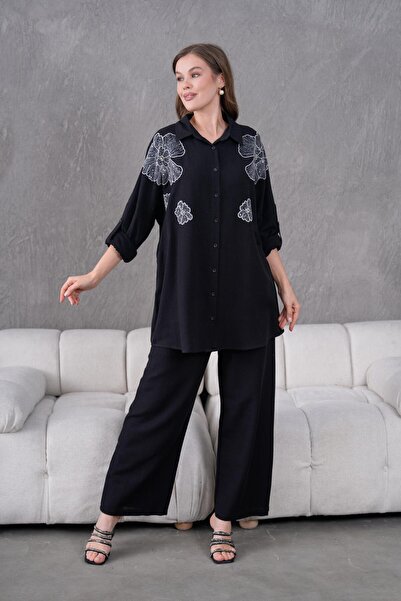 BURRASCA NAKIŞ İŞLEMELİ OVERSIZE KETEN GÖMLEK