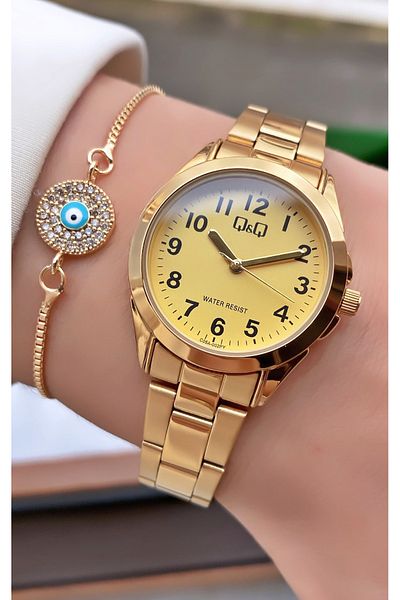 Q&Q Gold Yellow Steel Cord Small Case Women's Wristwatch - Bracelet