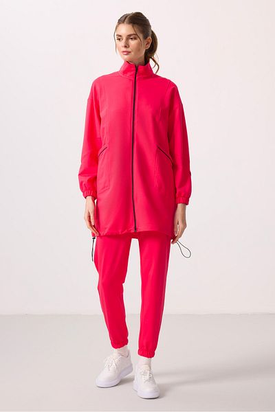 TOMMY LIFE Viva Red Stand Collar Zippered Comfortable Form Women's Tracksuit Tunic Set - 95345