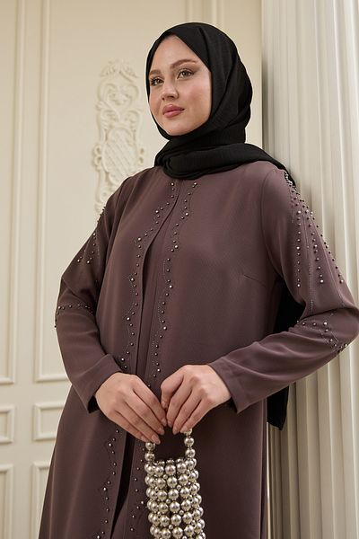 InStyle Piece Detailed Bitter Brown Abaya with Pearls