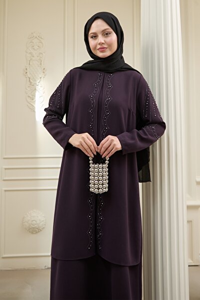 InStyle İncili Parça Detay Mor Abaya