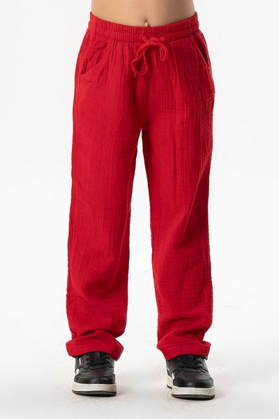 Eliş Şile Bezi Elastic Waist Muslin Pocket Summer Children's Trousers Red Krmz