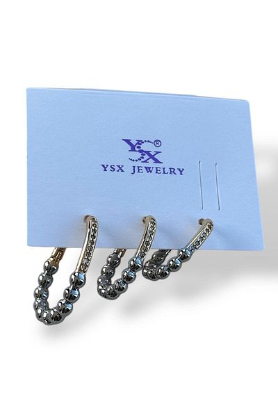 TAKIŞTIR مجموعة من 3 أقراط YSX بتفاصيل حجر فضي وذهبي