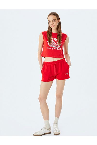 Koton Strawberry Printed Crop Sleeveless Crew Neck Tank Top