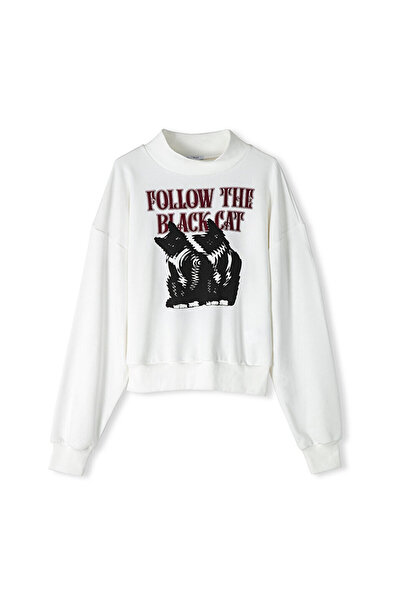 Twist High Collar Printed Sweatshirt