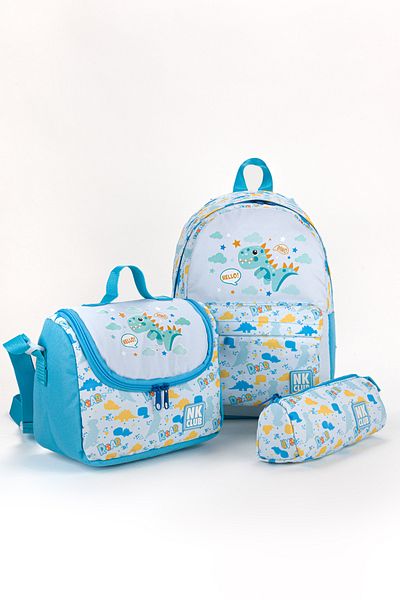 NK Primary School Turquoise Backpack Kindergarten Lunch Box Pen Holder Set of 3