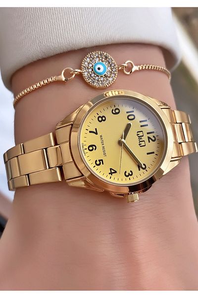 Q&Q Gold Yellow Steel Cord Small Case Women's Wristwatch - Bracelet