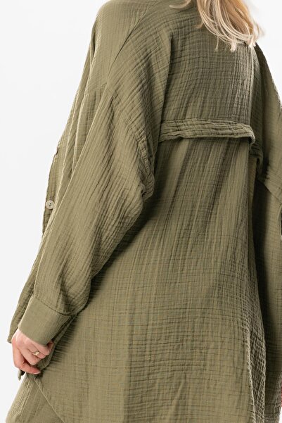 Eliş Şile Bezi Uzun Kol Esved Kadın Yazlık Müslin Gömlek Haki Hk