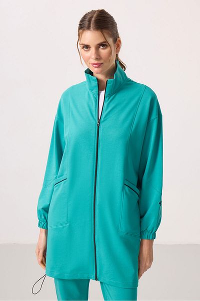 TOMMY LIFE Sea Green Stand Collar Zippered Comfortable Form Women's Tracksuit Tunic Set - 95345