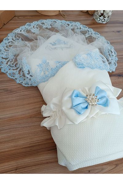 Tomuycuk Blue Lace Baby Blanket - 100% Cotton Swaddle Mawlid Gift for Newborn