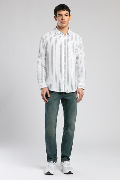 Lee Cooper Jacob Erkek %100 Pamuk Uzun Kol Dokuma Gömlek Zümrüt-Lacivert