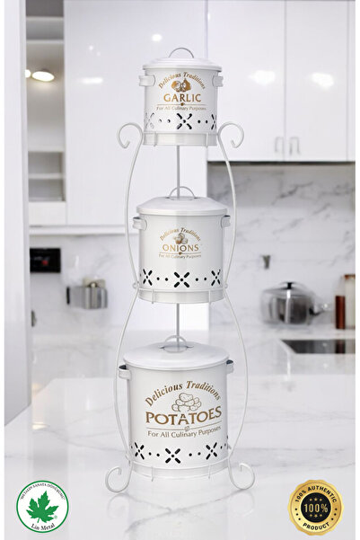 linmetal 3 Katlı Ferforje Lüx Patates Soğan Sarımsak Kovası Baskılı Katlı Büy...