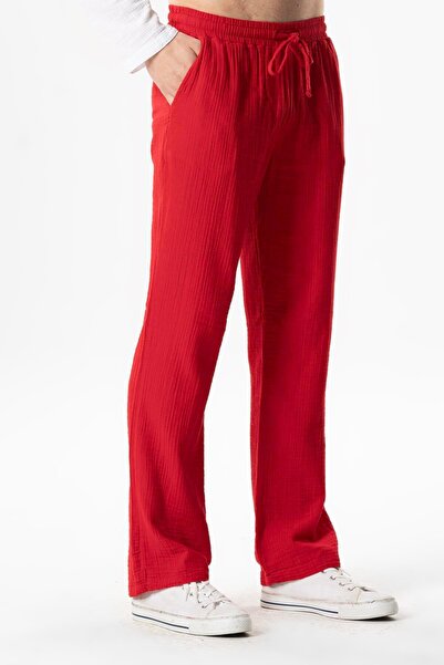 Eliş Şile Bezi Müslin Beli Lastikli Çift Cepli Erkek Yazlık Pantolon Kırmızı Krmz