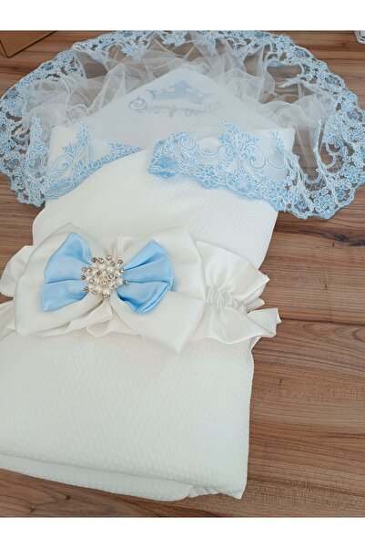 Tomuycuk Blue Lace Baby Blanket - 100% Cotton Swaddle Mawlid Gift for Newborn