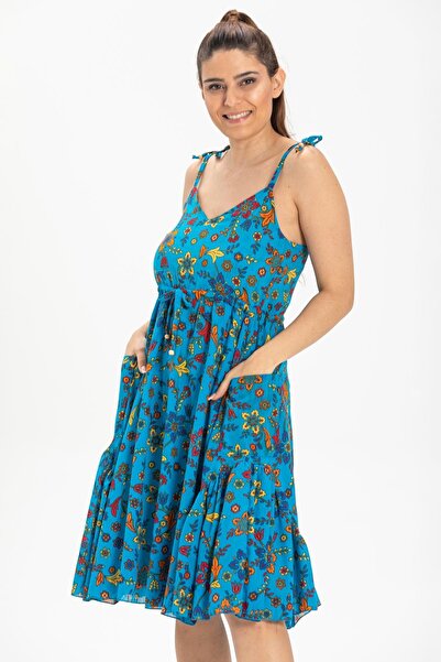 Eliş Şile Bezi Strappy Voile Melisa Short Summer Ethnic Dress Turquoise Trkz