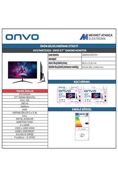 ONVO OV27MNT202G 27'' Fast IPS 180 Hz 1ms Fhd Freesync - G Sync Oyuncu Monitörü