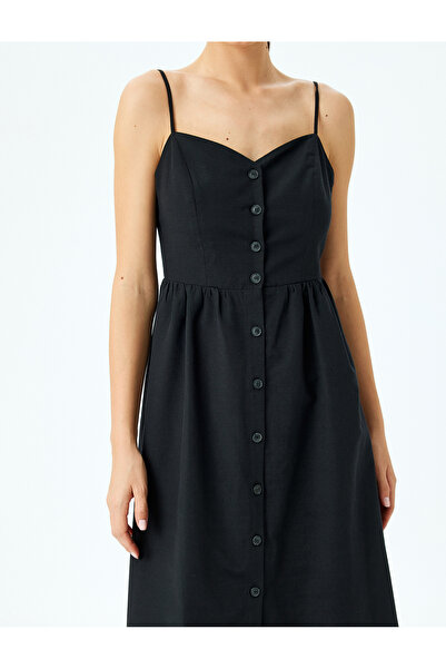 Koton Arkası Gipe Detaylı Düğmeli İnce Askılı Midi Boy Elbise