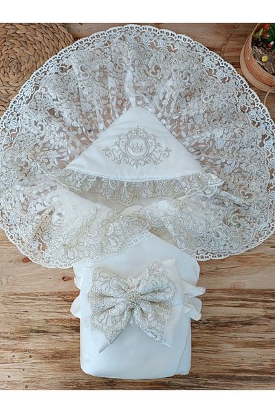Tomuycuk Ecru Colored 100% Cotton Lace Baby Blanket - Mevlütlük Gift Hospital Discharge Newborn