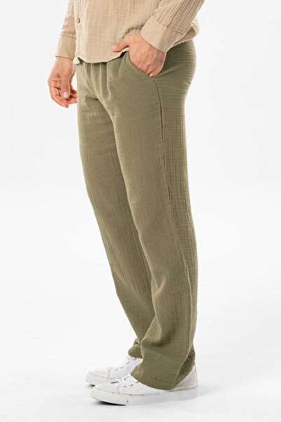 Eliş Şile Bezi Muslin Elastic Waist Double Pocket Men's Summer Trousers Khaki Hk