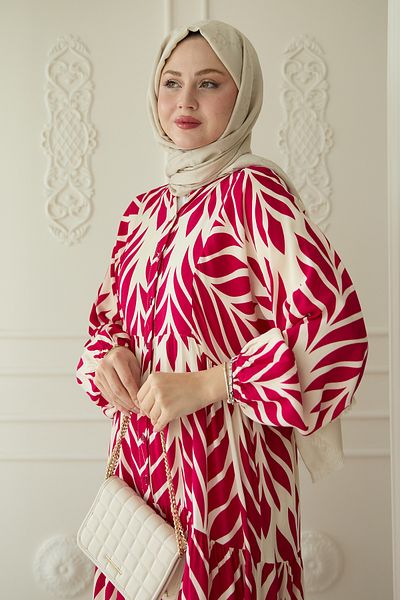 InStyle Colorful Leaf Patterned Viscose Fuchsia Dress