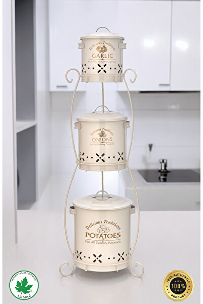 linmetal 3 Katlı Ferforje Lüx Patates Soğan Sarımsak Kovası Baskılı Katlı Büy...