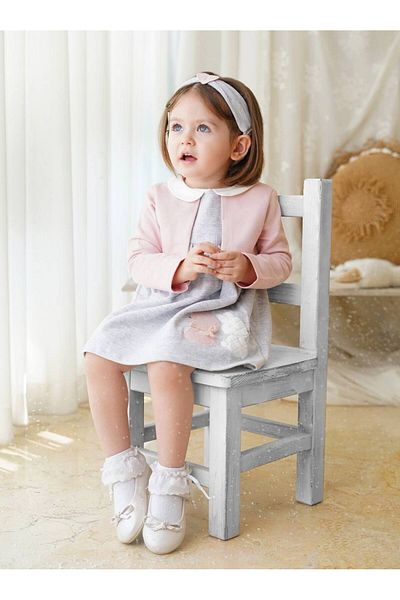 İNDİGO Baby Girl Pink Gray Rabbit Bandanna Dress