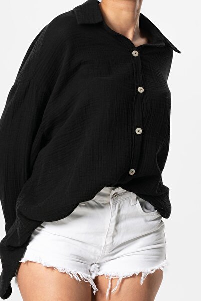 Eliş Şile Bezi Μακρυμάνικο Esved Γυναικείο Καλοκαιρινό Μουσελίνα Πουκάμισο Μαύρο Syh