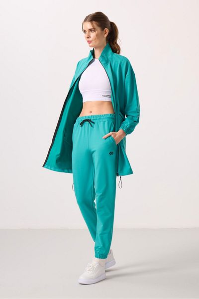 TOMMY LIFE Sea Green Stand Collar Zippered Comfortable Form Women's Tracksuit Tunic Set - 95345