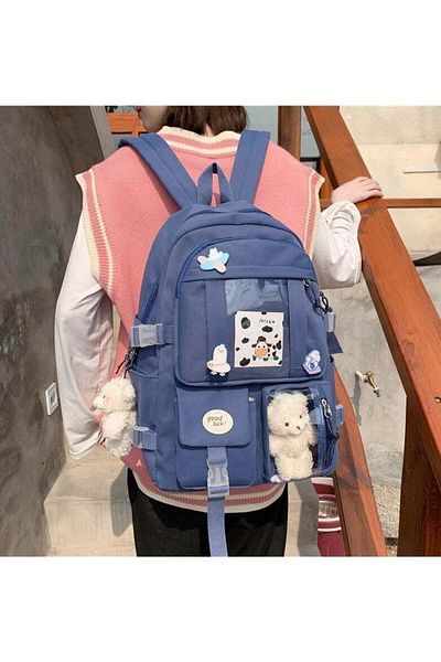COOYA School Shoulder Backpack, Waterproof, Aesthetic Cute with Pin and Cute Accessory (Blue)